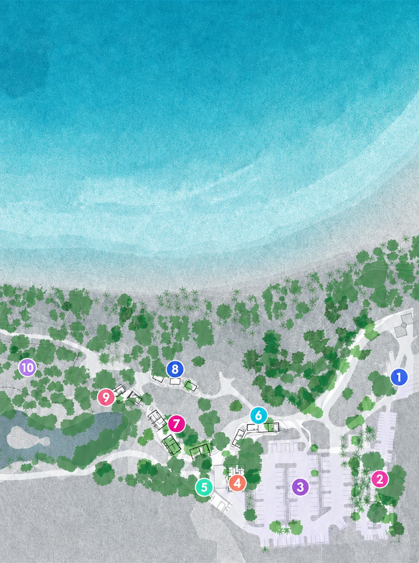 Illustrated plan of Balneario Flamenco with numbered points 1 to 10